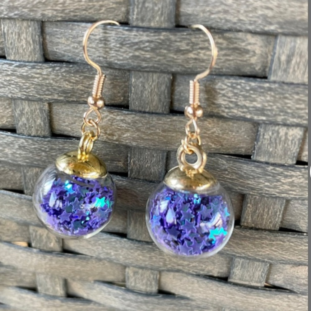 Colorful Globe purple Star Confetti Earrings. Handmade.
